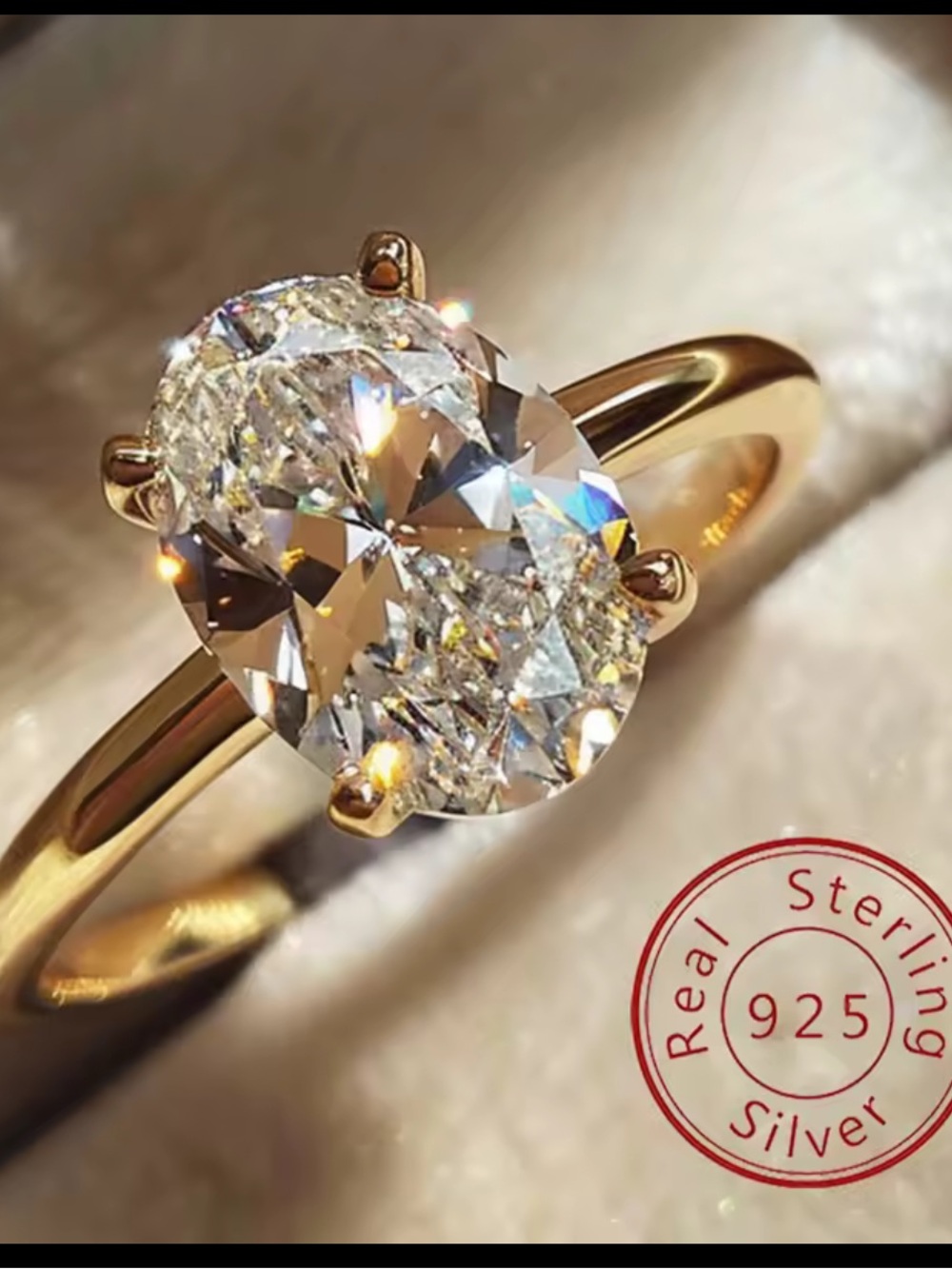 925 Sterling Silver Gold-Plated Oval 1 Carat Cubic Zirconia Solitaire Ring